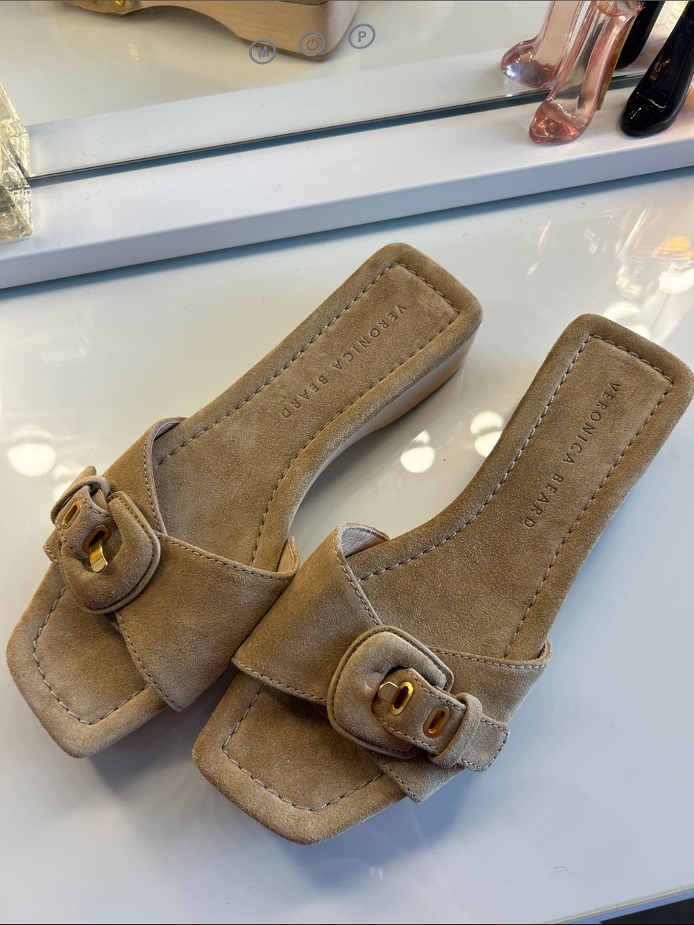 Veronica Beard Tan Suede Buckle Slide Mules Size 6